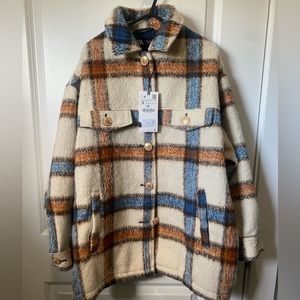 NWT NEW ZARA WOOL BLEND PLAID SHACKET JACKET GOLD BUTTONS OVERSIZED SZ SMALL S
